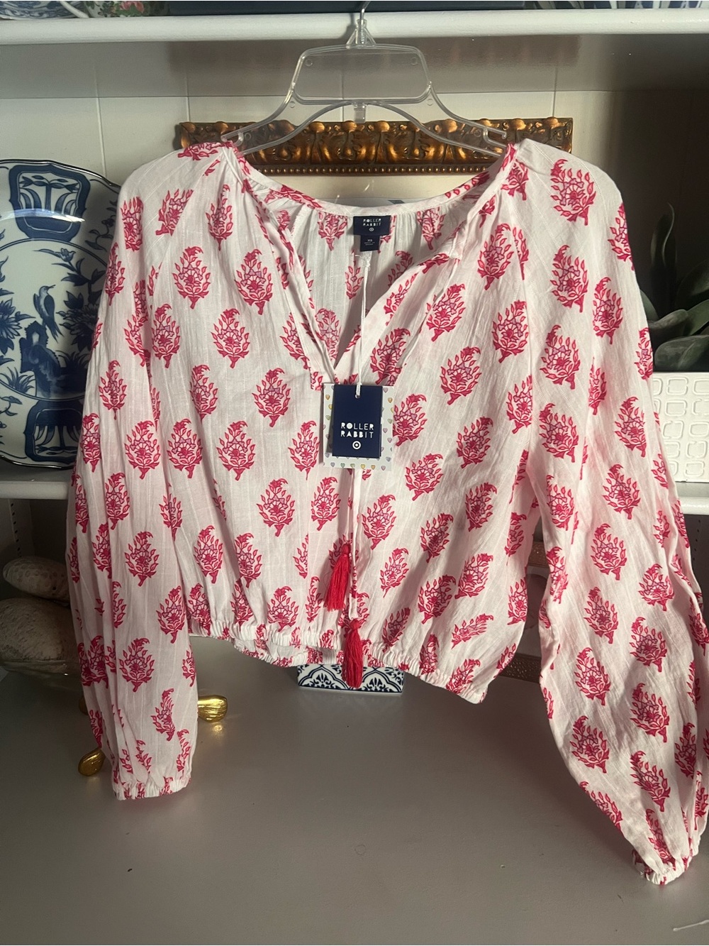 NWT Roller Rabbit x Target White Top with Pink Floral Tassel Tie
